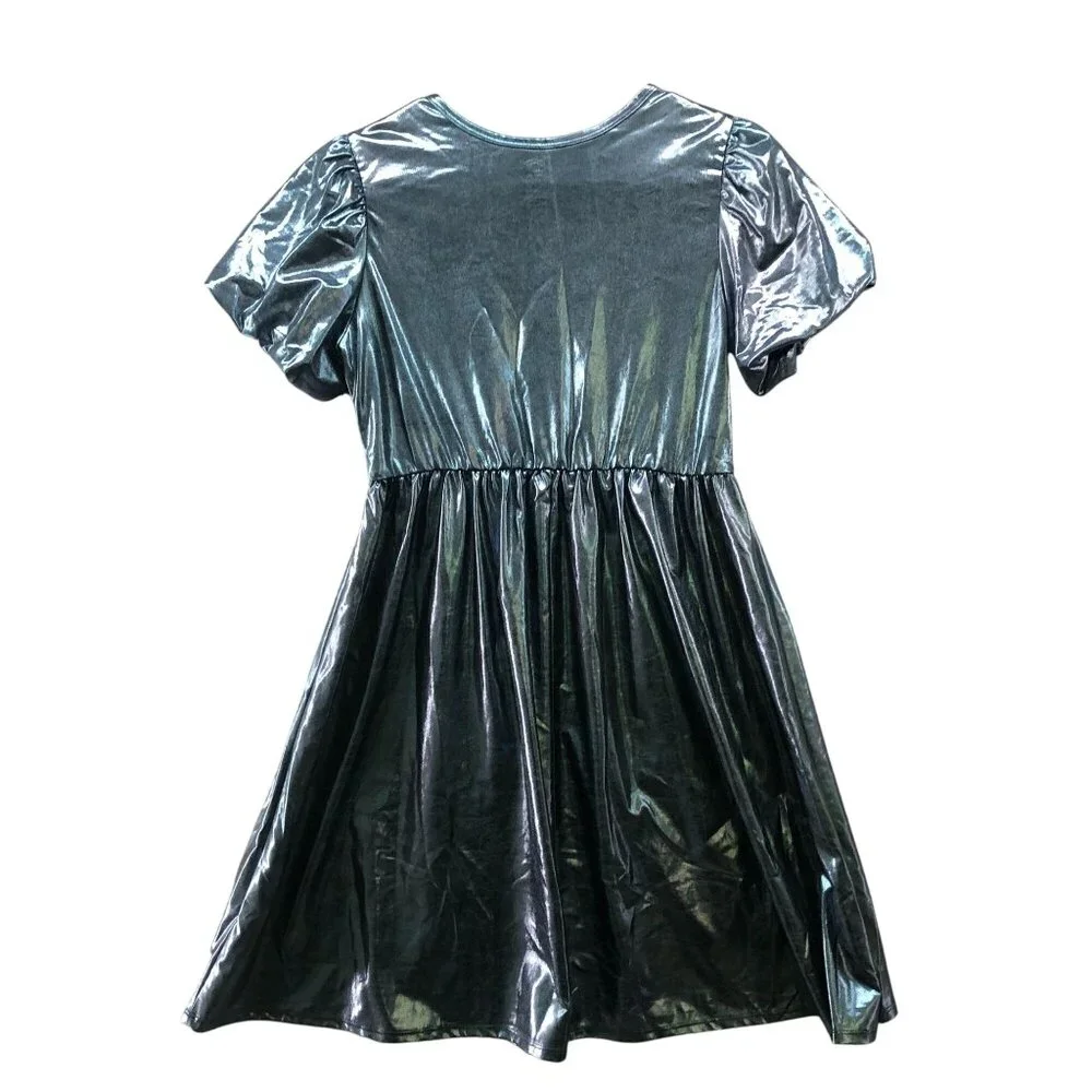 Wonder Nation Girls XL (14-16) Metallic Party Dress Teal Puff Sleeve‎ Midi
